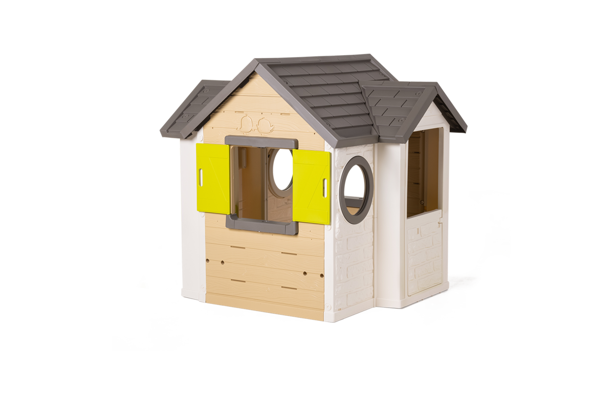 Házikó természetes My New House Smoby bővíthető 2 ablak zsalugáterrel 2 kerek ablak és felezett ajtó 135 cm magas UV szűrővel 2 évtől