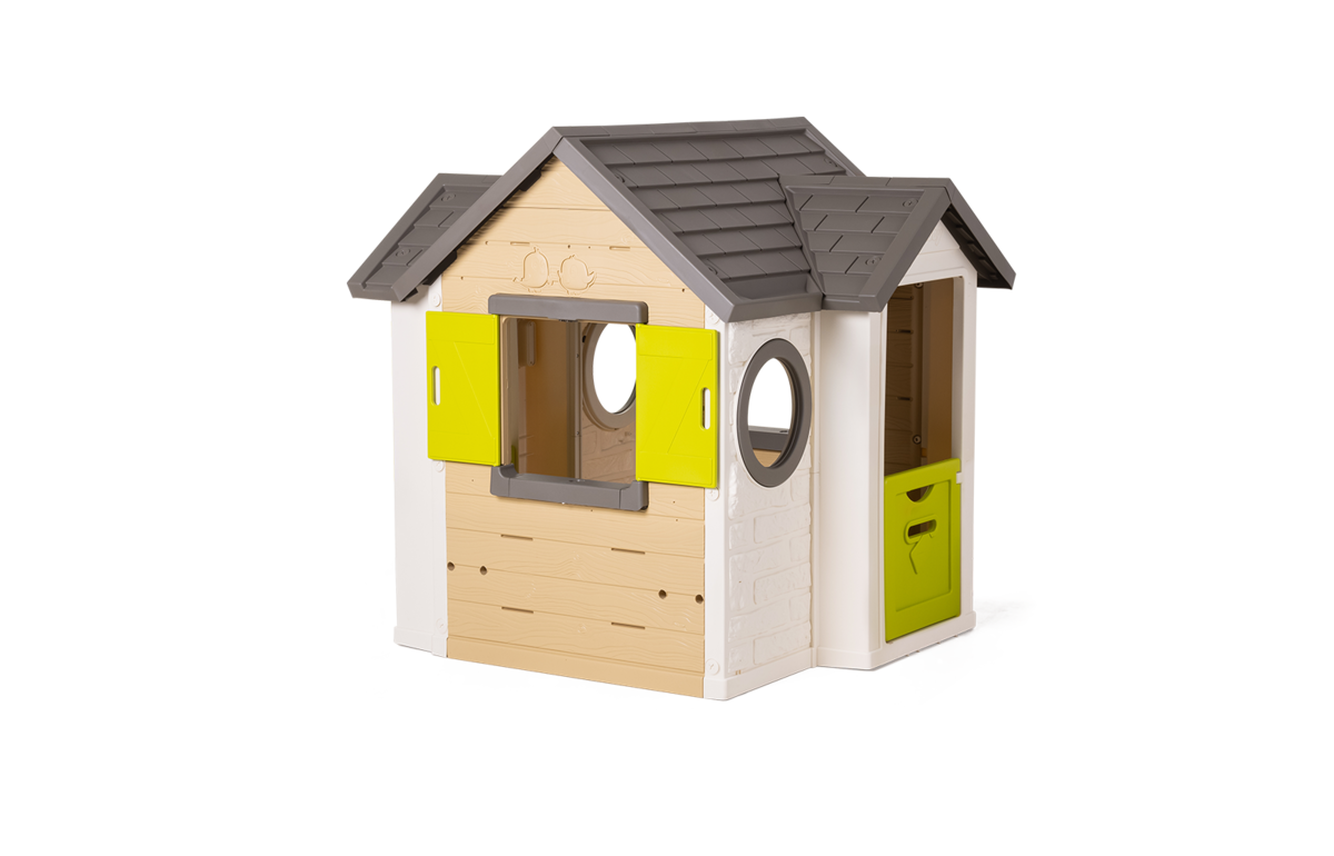 Házikó természetes My New House Smoby bővíthető 2 ablak zsalugáterrel 2 kerek ablak és felezett ajtó 135 cm magas UV szűrővel 2 évtől