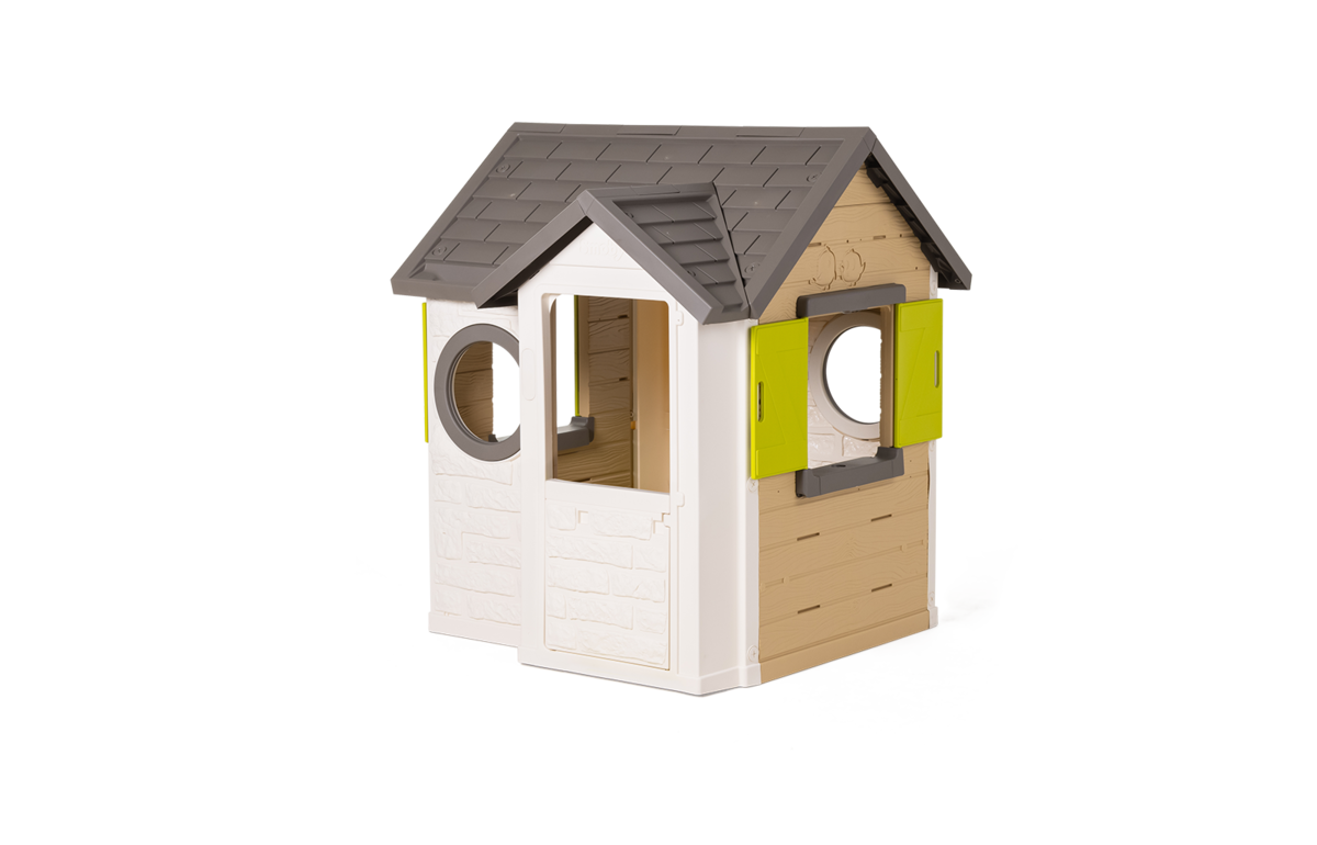 Házikó természetes My New House Smoby bővíthető 2 ablak zsalugáterrel 2 kerek ablak és felezett ajtó 135 cm magas UV szűrővel 2 évtől