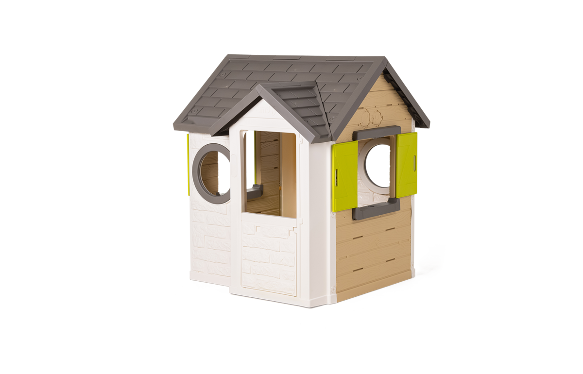 Házikó természetes My New House Smoby bővíthető 2 ablak zsalugáterrel 2 kerek ablak és felezett ajtó 135 cm magas UV szűrővel 2 évtől