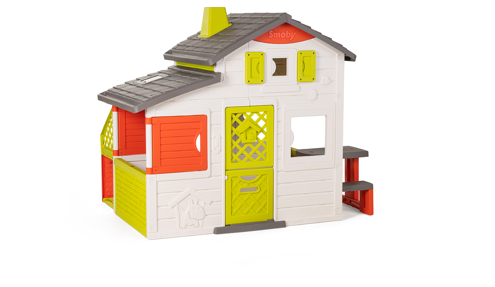 Házikó Jóbarátok konyhával tágas Neo Friends House Smoby 2 ajtó 6 ablak piknik asztal és egyéb kiegészítőkkel is bővíthető 172 cm magas UV szűrővel