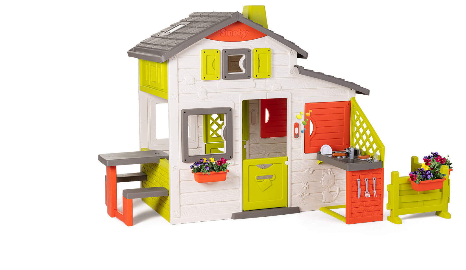 Házikó Jóbarátok tágas Neo Friends House Smoby kerttel 2 ajtóval 6 ablakkal piknik asztallal és további kiegészítőkkel bővíthető 172 cm magas UV szűrő