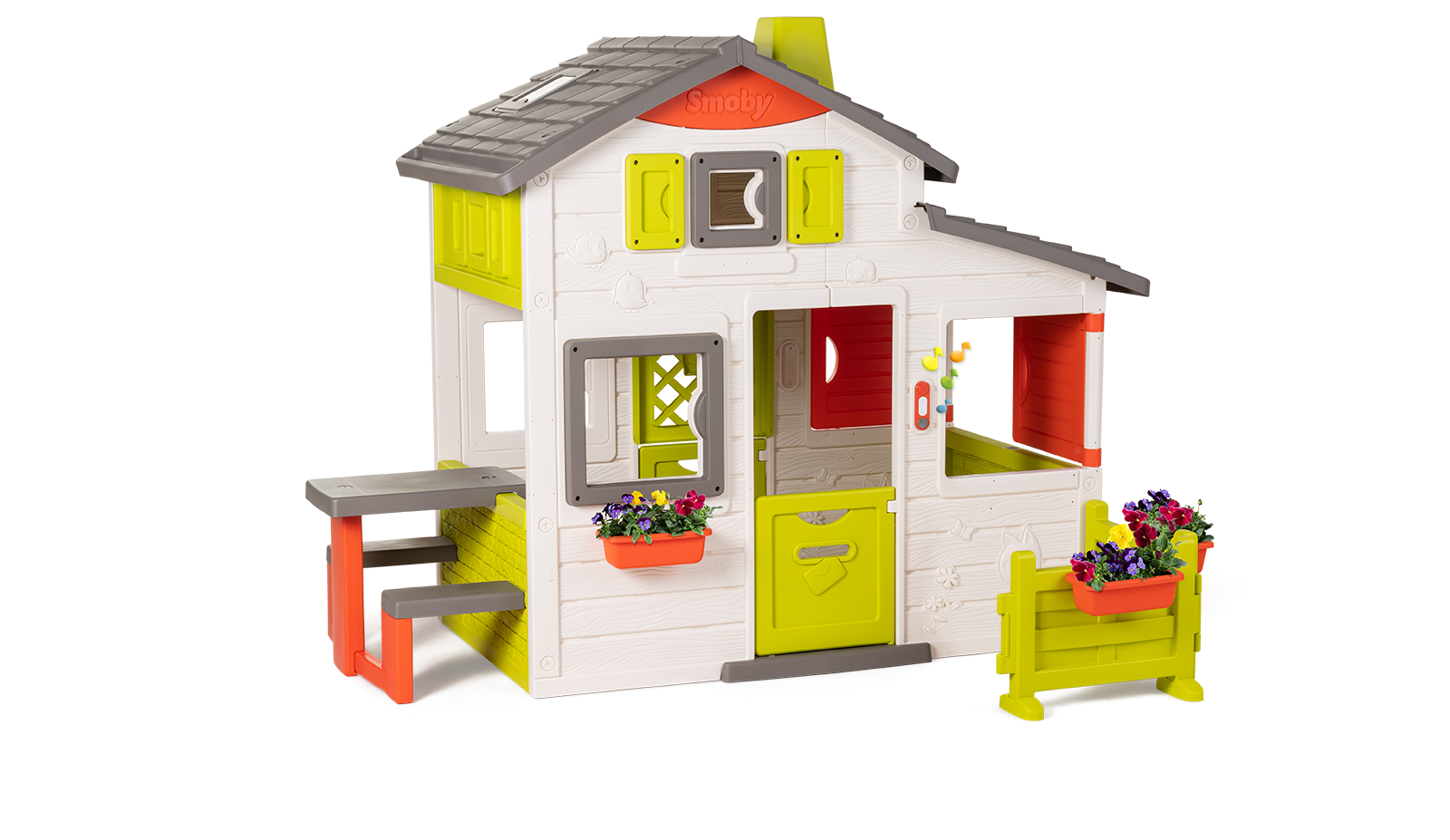 Házikó Jóbarátok tágas Neo Friends House Smoby kerttel 2 ajtóval 6 ablakkal piknik asztallal és további kiegészítőkkel bővíthető 172 cm magas UV szűrő