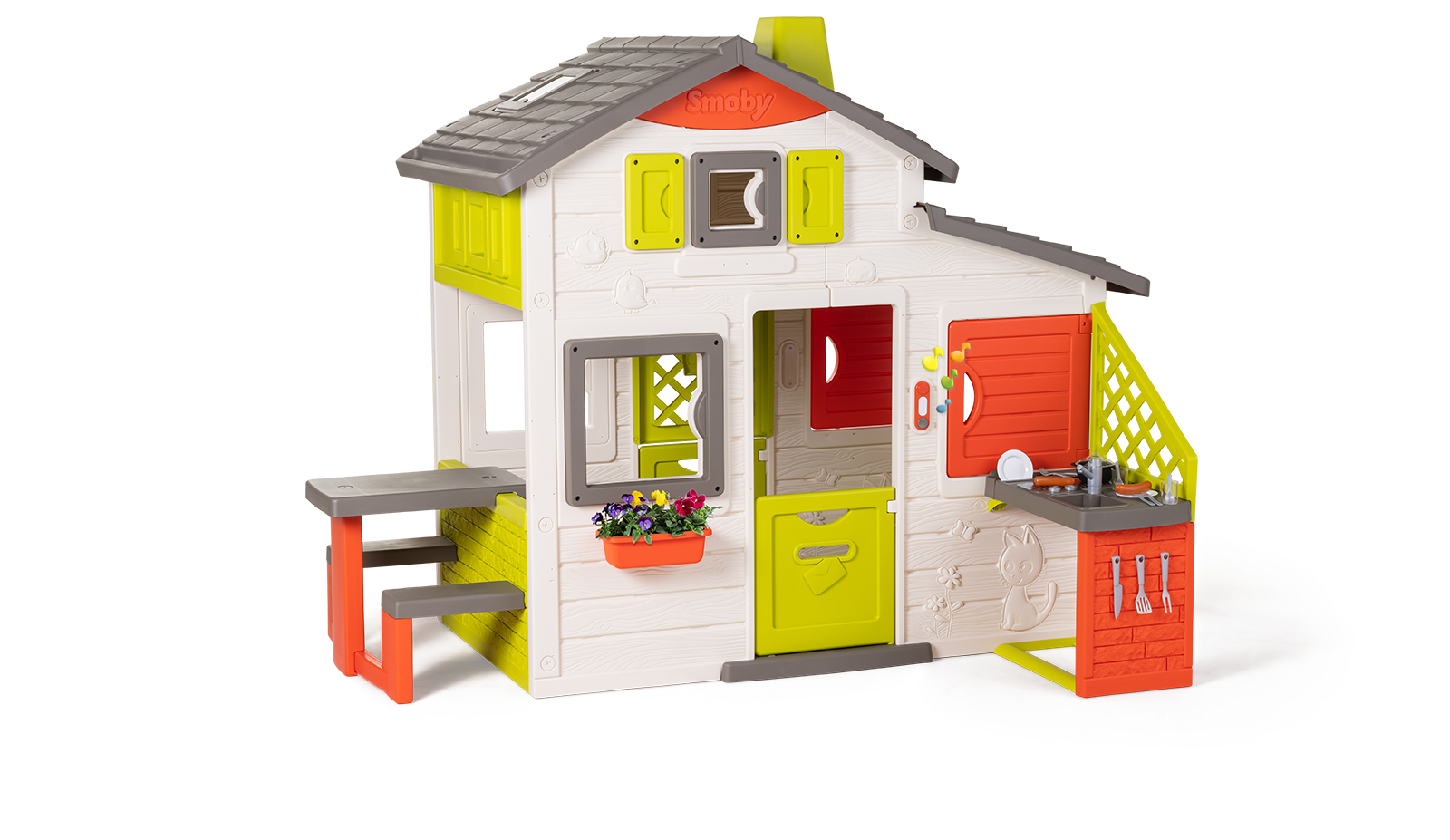 Házikó Jóbarátok konyhával tágas Neo Friends House Smoby 2 ajtó 6 ablak piknik asztal és egyéb kiegészítőkkel is bővíthető 172 cm magas UV szűrővel