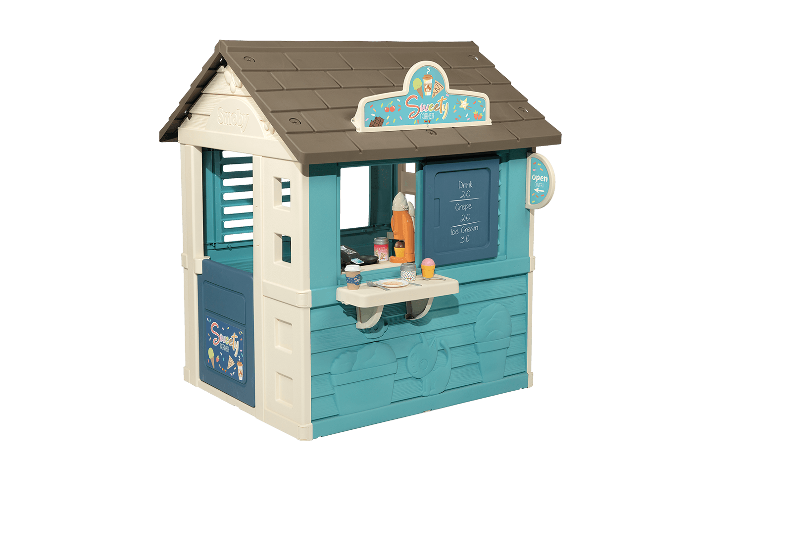 Házikó cukrászdával Sweety Corner Playhouse Smoby élelmiszerekkel és édességekkel 18 kiegészítő UV szűrő 2 évtől